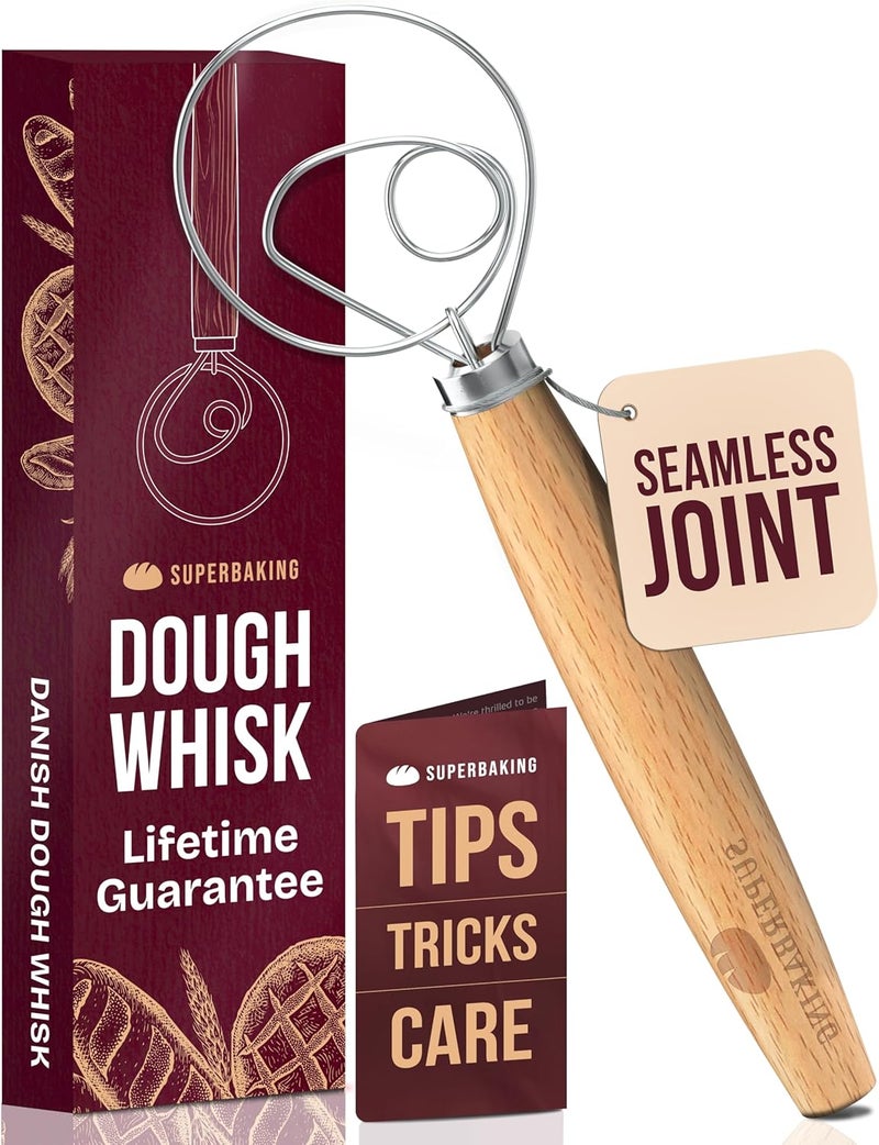 Superbaking Danish Dough Whisk - 12" Bread Whisk for Dough Mixing - Single Eye Design Sourdough Whisk - Sourdough Bread Baking Supplies - Bread Making Tools and Accessories - Ergonomic Wooden Handle - Image 1